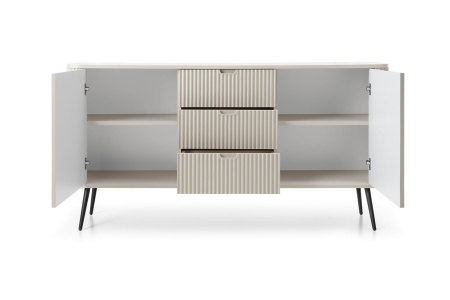 Beżowa komoda ryflowana do sypialni MOVA 168 cm na nóżkach otwarta