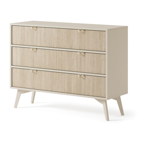 Komoda z trzema szufladami do salonu REST 106 cm na nóżkach jodełka beżowa skos