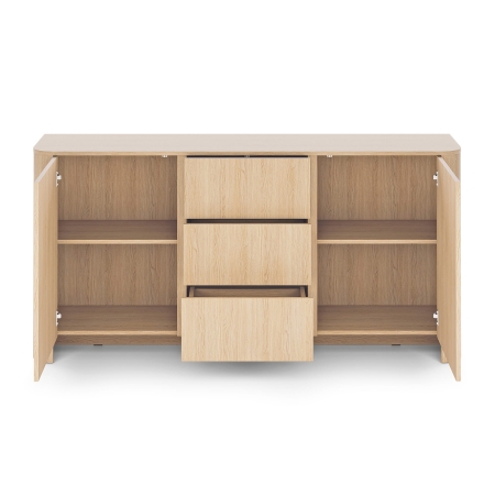 Duża komoda z trzema szufladami i dwiema szafkami BORA 168 cm dąb vicenza otwarta