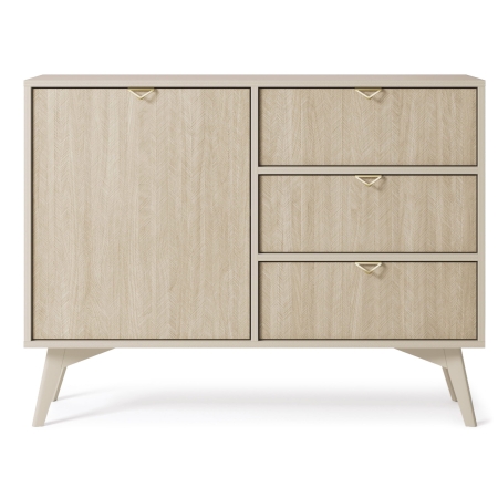 Komoda do salonu z szafką i szufladami REST 106 cm na nóżkach jodełka beż piaskowy front