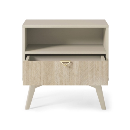 Stolik nocny z szufladą REST 54 cm na wysokich nóżkach jodełka beż piaskowy otwarty