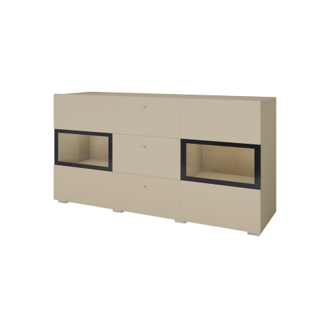 Komoda dwudrzwiowa do salonu z trzema szufladami BARTEZ 132 cm białe tło