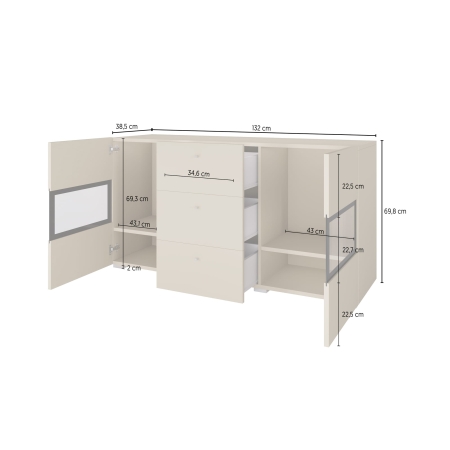 Komoda dwudrzwiowa do salonu z trzema szufladami BARTEZ 132 cm wymiary
