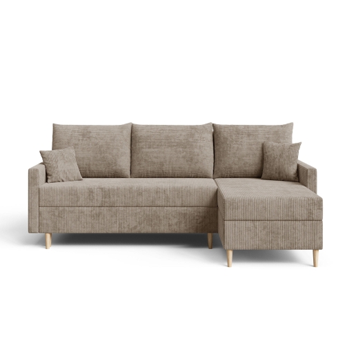 Przejdź do produktu Beżowa kanapa narożna z funkcją spania na nóżkach AMERO sztruks