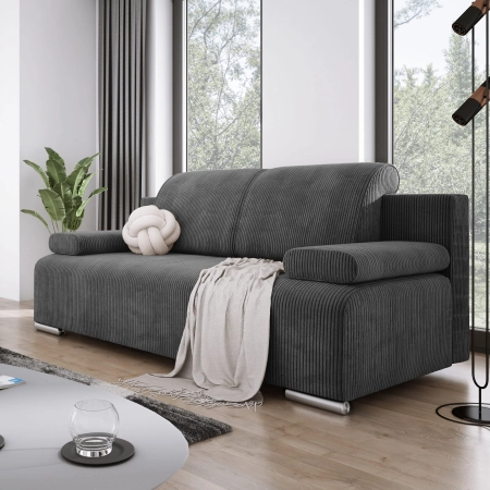 Sofa do salonu szary sztruks BONA z poduszkami aranżacja