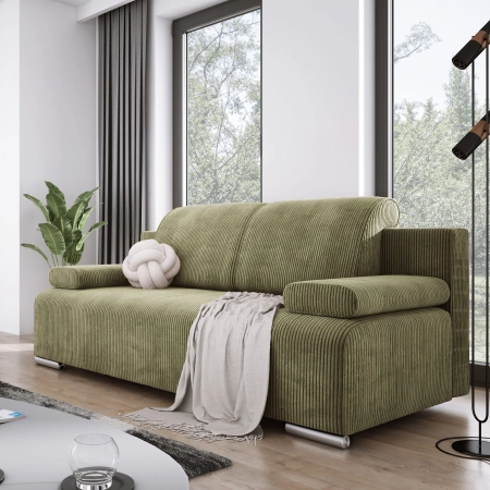 Beżowa sztruksowa sofa młodzieżowa BONA z poduszkami POSO 02 aranżacja