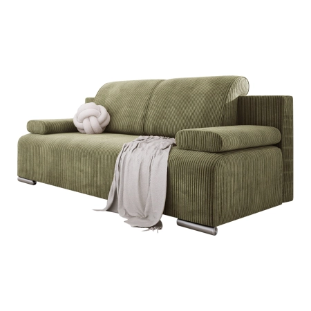 Beżowa sztruksowa sofa młodzieżowa BONA z poduszkami POSO 02 białe tło