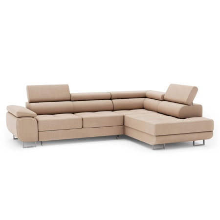 Jasnobeżowa kanapa narożna z zagłówkami welur prawa MONTANA