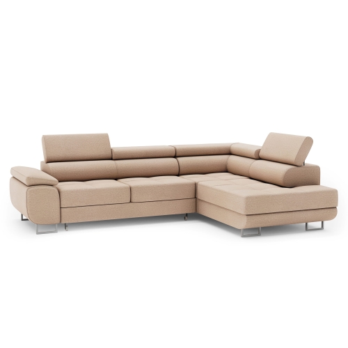 Przejdź do produktu Jasnobeżowy narożnik z funkcją spania i zagłówkami MONTANA welur prawy