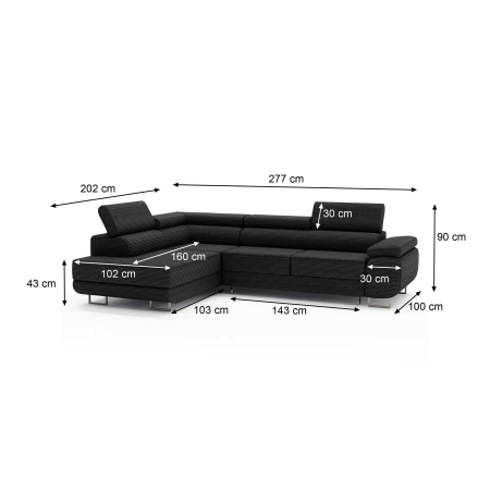 Kanapa narożna z zagłówkami L-kształtna MONTANA wymiar