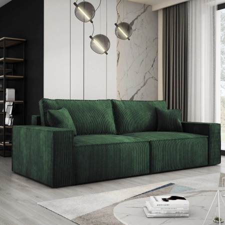 Butelkowozielona sofa do salonu sztruksowa CORTINA z poduszkami aranżacja