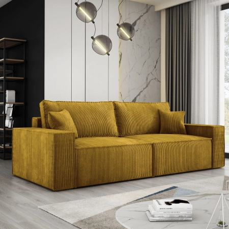 Musztardowa sofa sztruksowa z poduszkami CORTINA  POSO 01 aranżacja