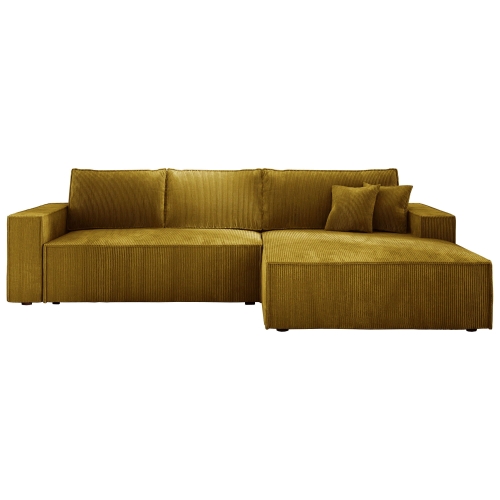 Przejdź do produktu Musztardowy narożnik do salonu z pojemnikiem COBRA S sztruks prawy