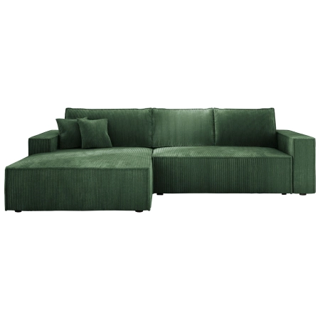 Zielona sztruksowa sofa narożna rozkładana COBRA S lewa POSO front