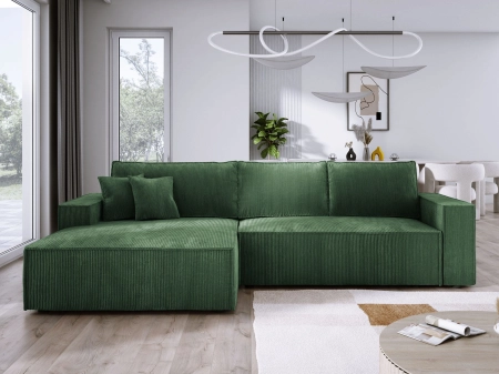 Zielona sztruksowa sofa narożna rozkładana COBRA S lewa POSO front aranżacja