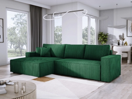 Zielona sztruksowa sofa narożna rozkładana COBRA S lewa POSO skos