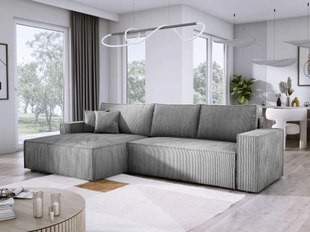 Sofa narożna L-kształtna jasnoszary sztruks COBRA S lewy z poduszkami skos