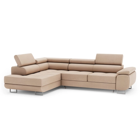 Jasnobeżowa kanapa narożna z zagłówkami welur lewa MONTANA