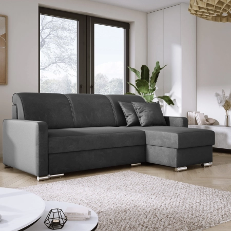 Mała szara sofa narożna LUNA MINI na sprężynach welur  aranżacja