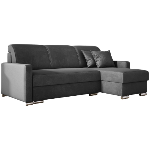 Przejdź do produktu Szara kanapa narożna z funkcją spania i pojemnikami LUNA MINI welur