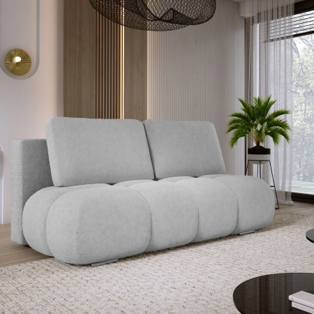 Jasnoszara sofa do salonu pikowana boucle MISTY aranżacja skos