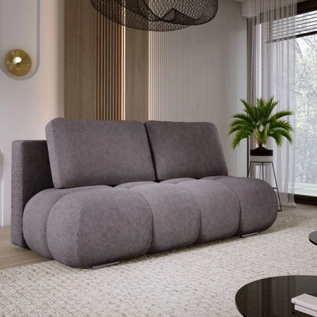 Szara sofa rozkładana do salonu pikowana MISTY boucle aranżacja skos
