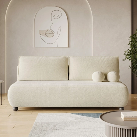 Kanapa do salonu z poduszkami NOVA na nóżkach kremowy boucle aranżacja