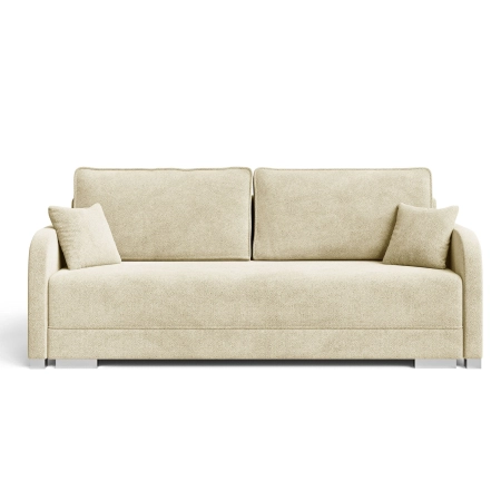Jasnobeżowa sofa do salonu rozkładana z poduszkami GOJA boucle front