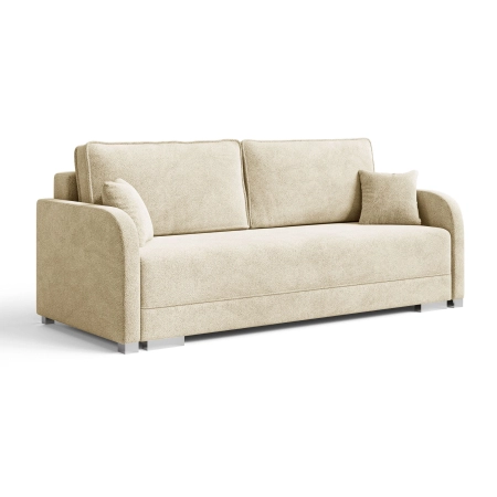 Jasnobeżowa sofa do salonu rozkładana z poduszkami GOJA boucle skos