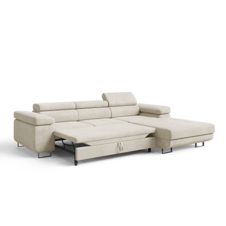 Narożnik z zagłówkami pikowany ADRIANO welur prawy funkcja spania