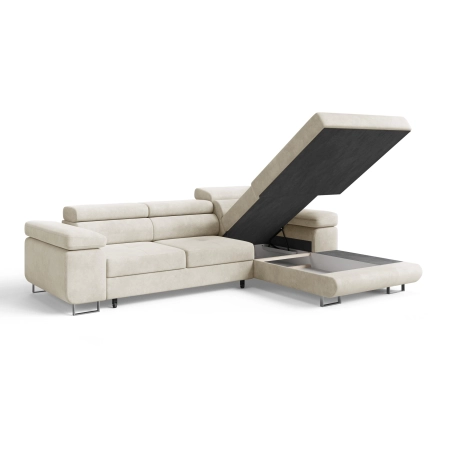 Narożnik z zagłówkami pikowany ADRIANO welur prawy pojemnik na pościel