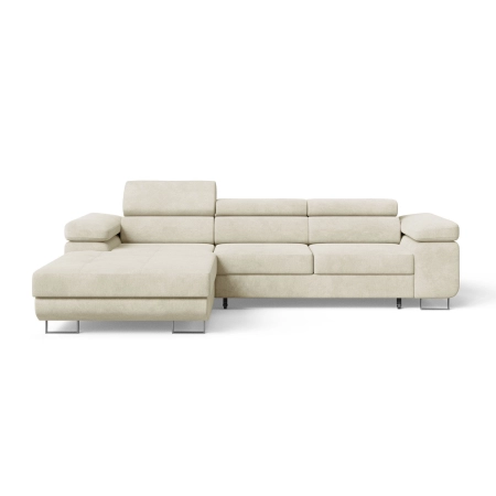 Beżowa sofa narożna z zagłówkami pikowana ADRIANO welur lewostronna front