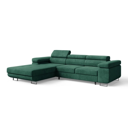 Butelkowozielony narożnik rozkładany z zagłówkami welur ADRIANO lewy skos