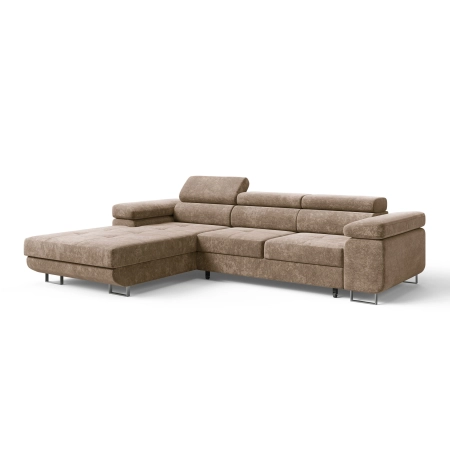 Szarobrązowa sofa narożna z zagłówkami na nóżkach ADRIANO szenil lewa skos