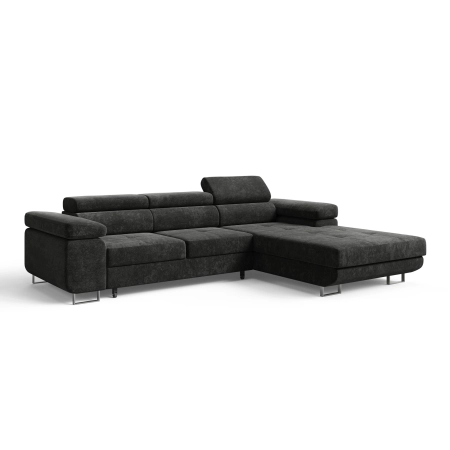 Czarna sofa narożna z zagłówkami ADRIANO pikowana szenil prawa skos
