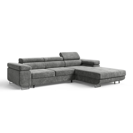 Szara sofa narożna rozkładana z zagłówkami ADRIANO szenil prawa skos
