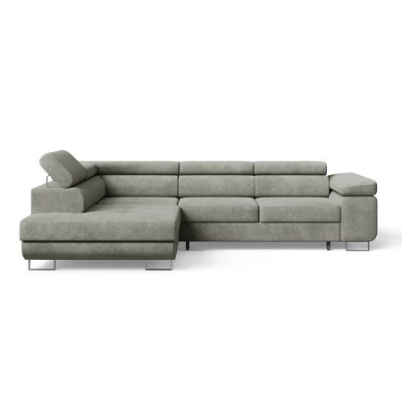 Szara sofa narożna z zagłówkami pikowana MONTANA welur lewostronna front