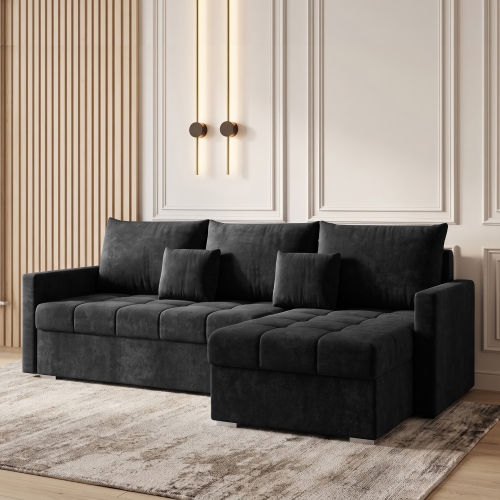 Przejdź do produktu Czarna sofa narożna z funkcją spania VELORA szenil