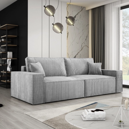 Jasnoszara sofa sztruksowa COBRA w salonie