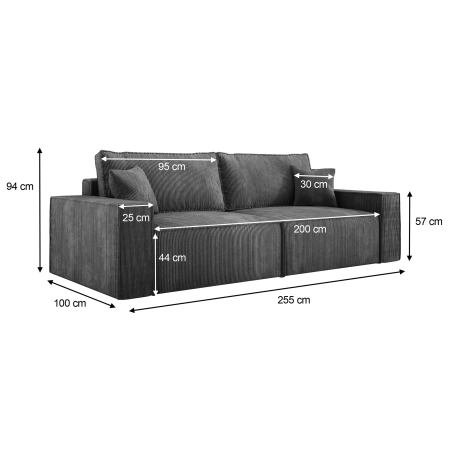 Sofa z poduszkami i bokami COBRA wymiary