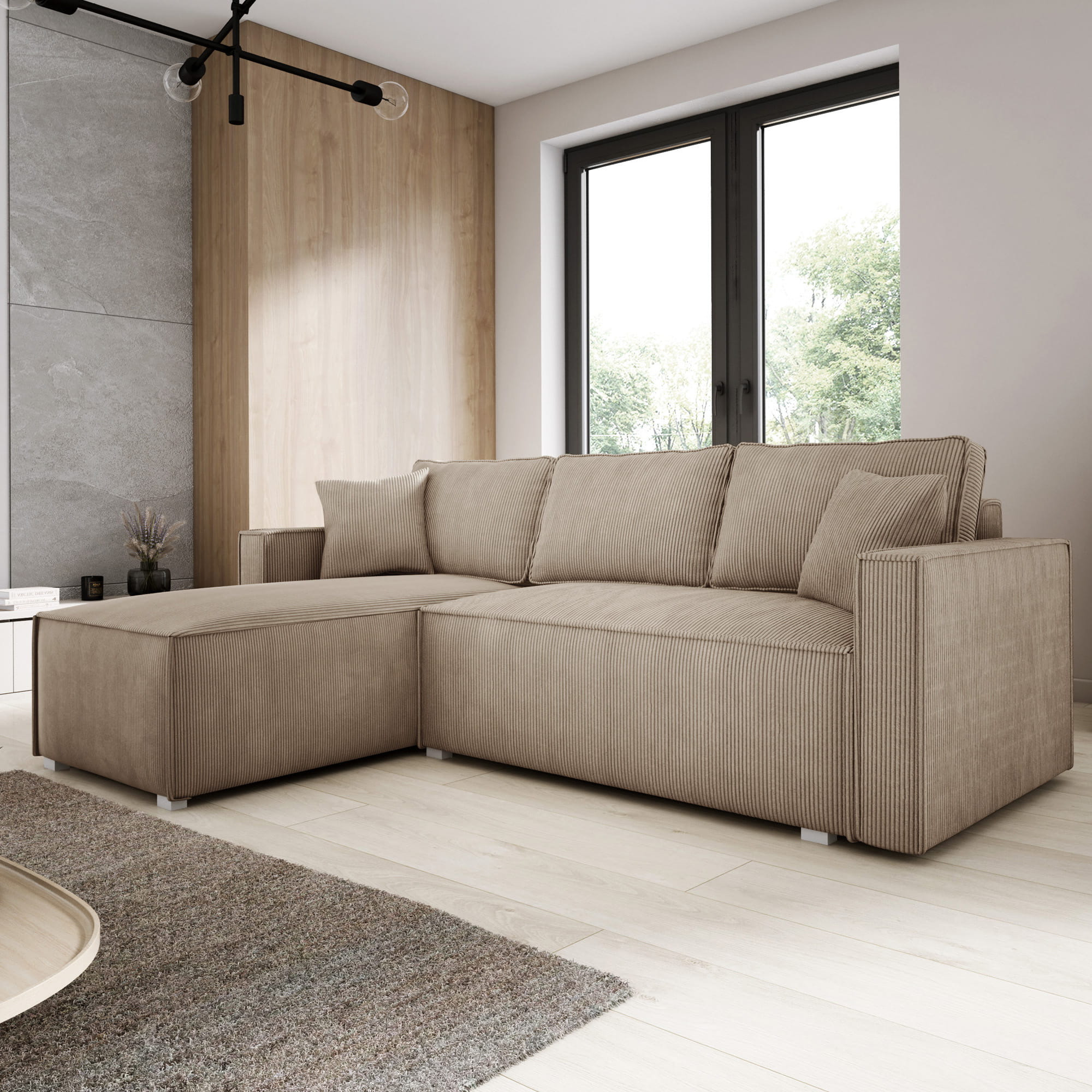 Narożnik sztruksowy do salonu NELSE beżowy POSO 02 uniwersalny