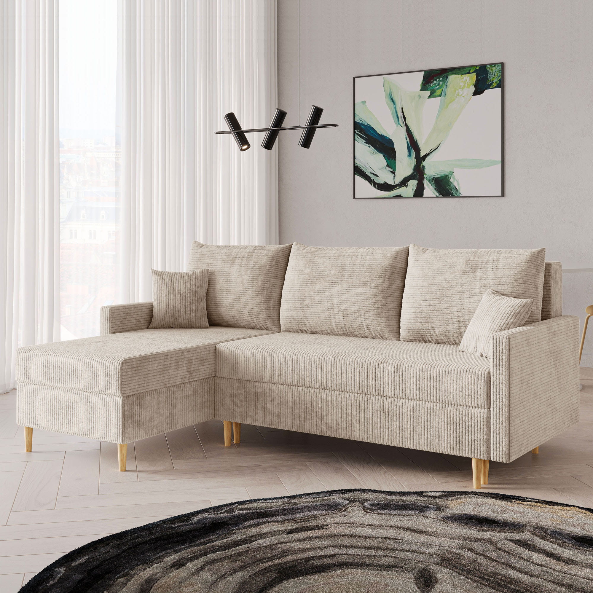 Narożnik rozkładany do salonu skandynawski AMERO L kremowy POSO 100 aranżacja