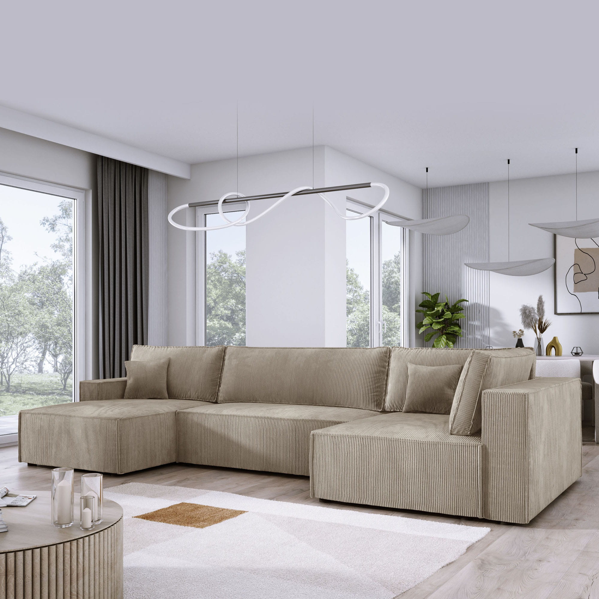 Narożnik U do salonu beżowy sztruks COBRA XL prawy