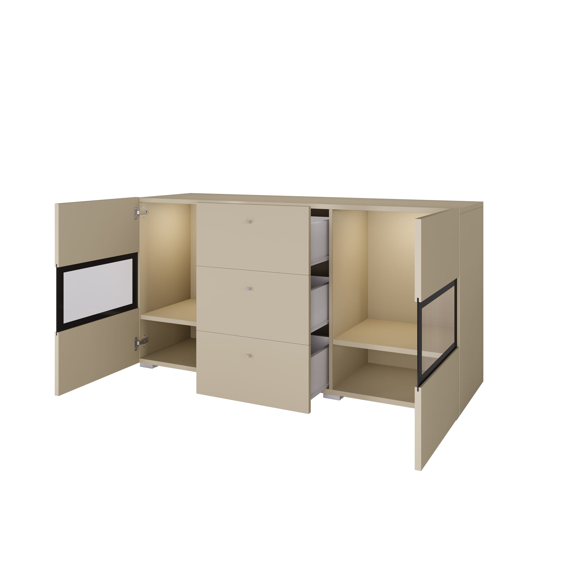 Komoda dwudrzwiowa do salonu z trzema szufladami BARTEZ 132 cm otwarta