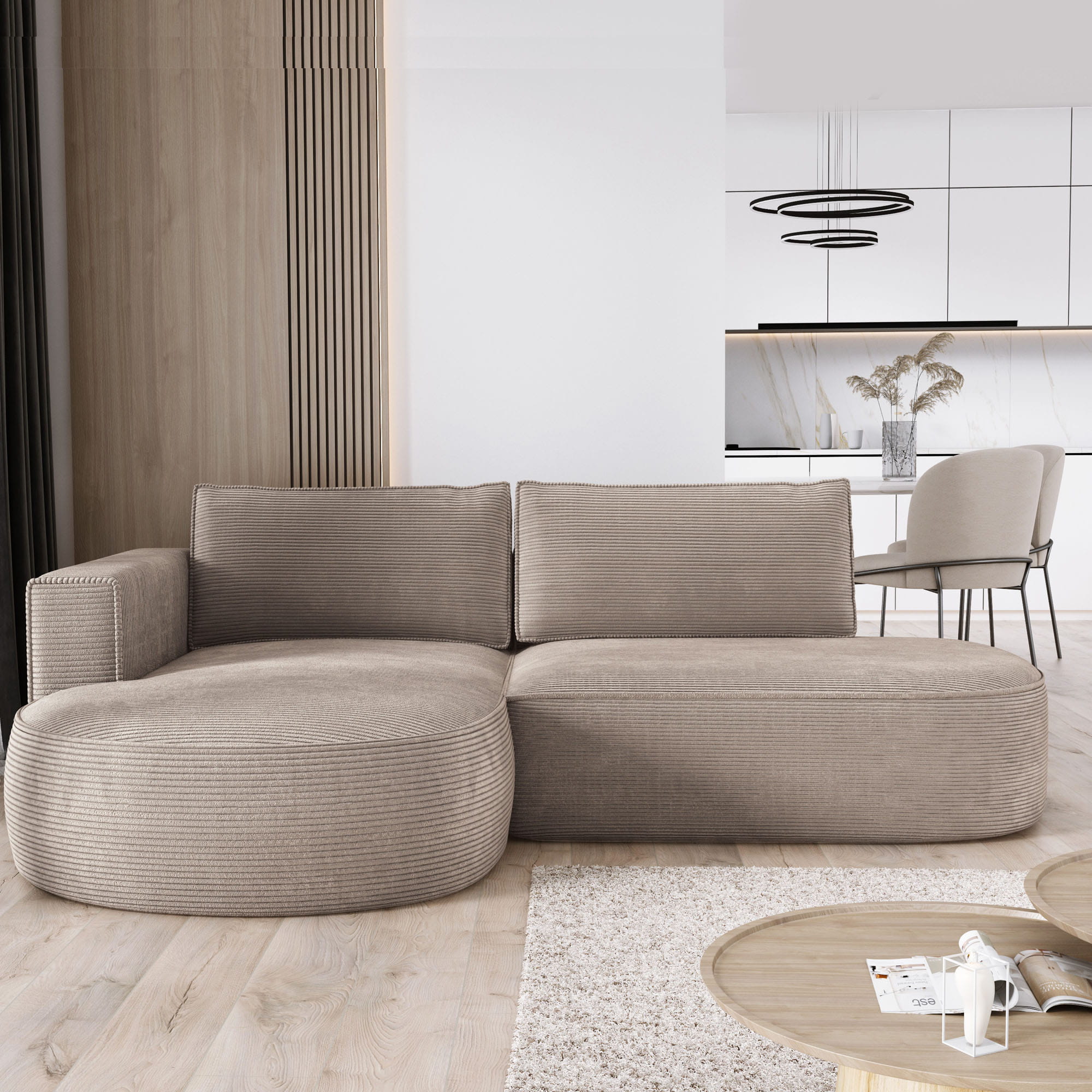 Narożnik do salonu kształt L beżowy sztruks PIANO lewy aranżacja