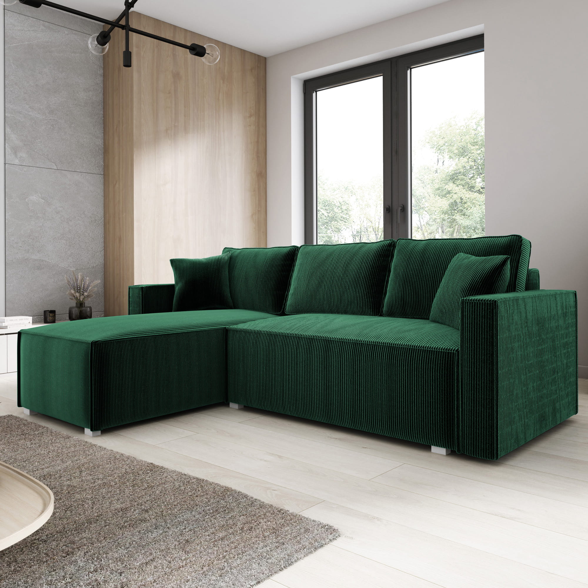 Kanapa narożna do salonu NELSE butelkowa zieleń sztruks aranżacja