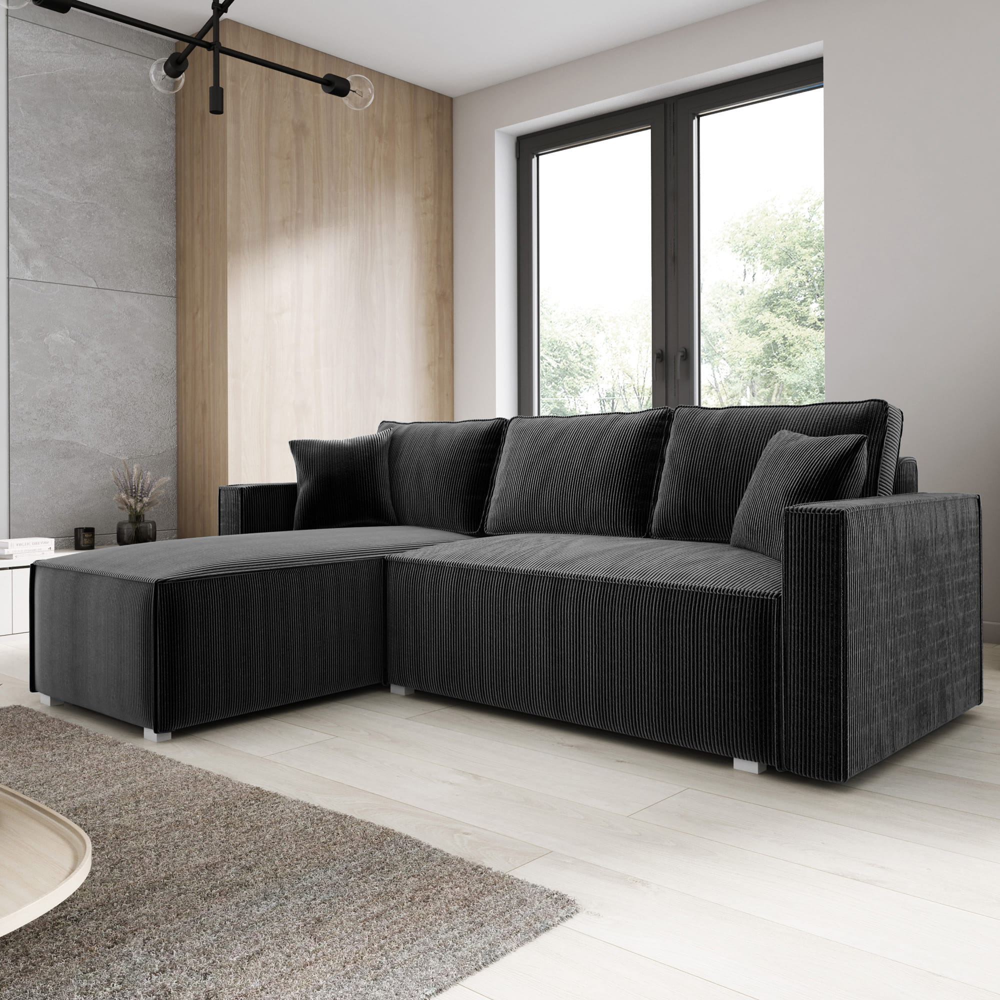 Narożnik do salonu uniwersalny szary sztruks NELSE skos aranżacja