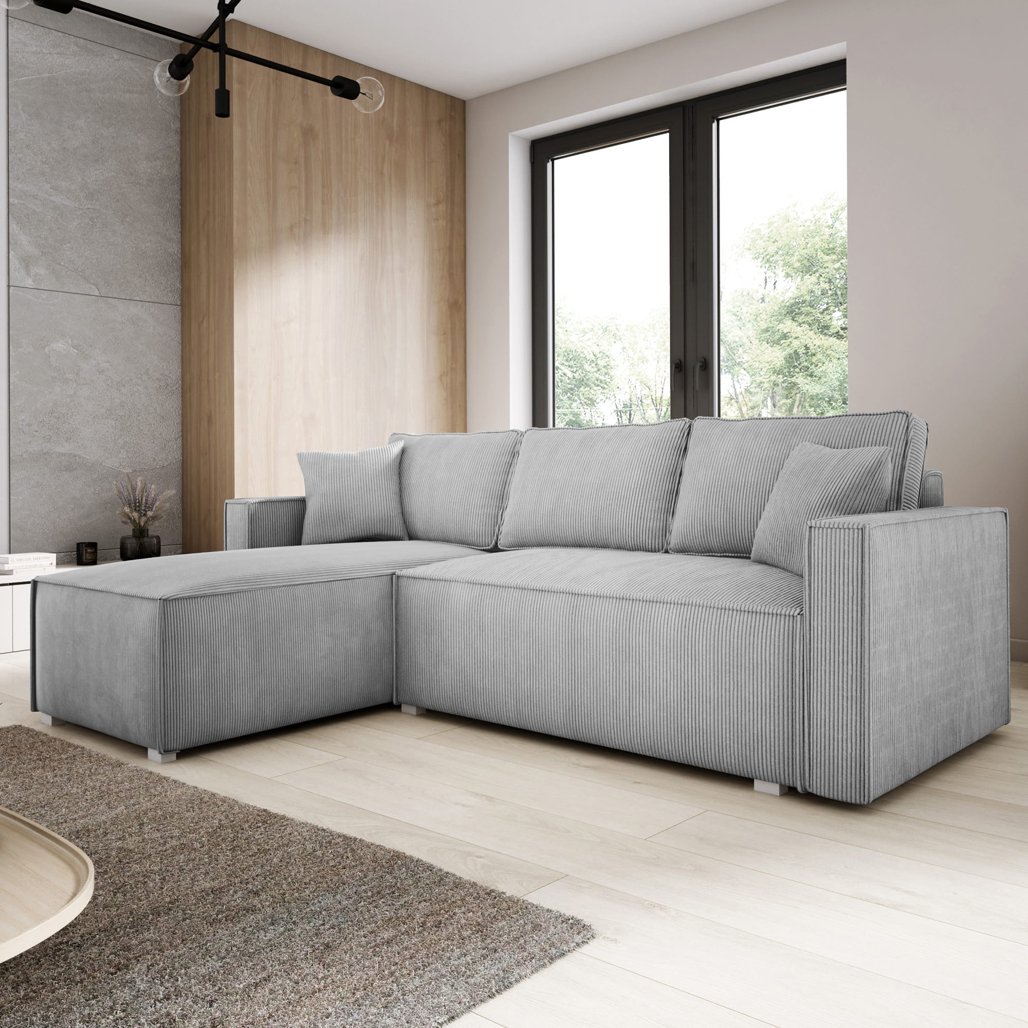 Rogówka z funkcją spania jasnoszary sztruks NELSE skos aranżacja