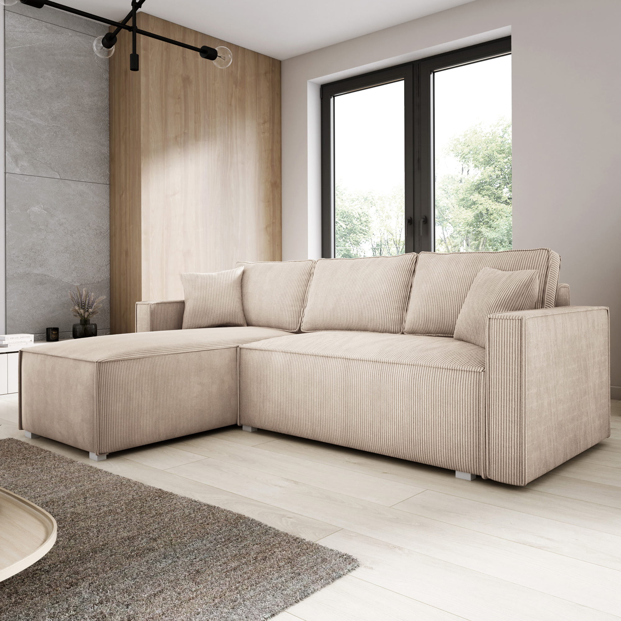 Kremowy narożnik nowoczesny NELSE z poduszkami sztruksowy skos aranżacja