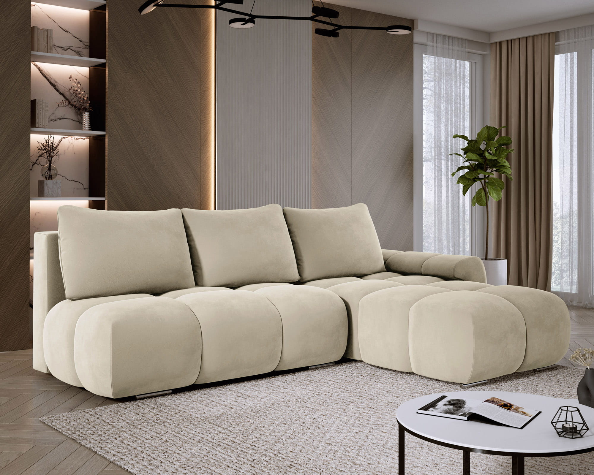 Pikowany narożnik do salonu beżowy welur prawy ALFERIA skos